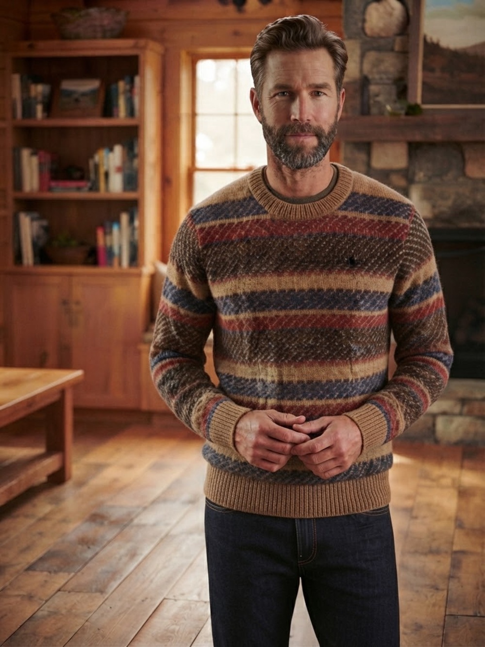 VINTAGE L.L. Bean Men's Striped Crewneck Wool Sweater in Brown, Blue & Red
